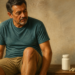 Hombre adulto sentado y observando su rodilla, con un frasco y varias cápsulas de suplemento sobre una superficie a su lado, en una escena relacionada con la glucosamina y la artrosis.