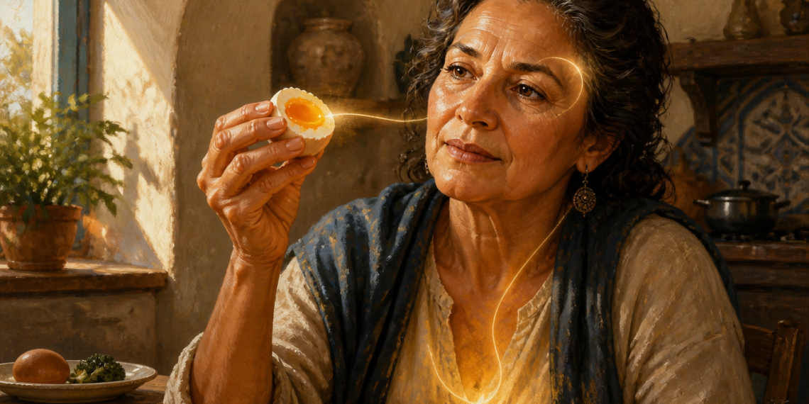 Mujer adulta sosteniendo medio huevo cocido mientras lo observa, con una ilustración luminosa que conecta el alimento con el cerebro y la zona del hígado, relacionada con la colina.
