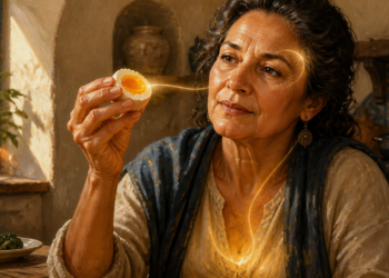 Mujer adulta sosteniendo medio huevo cocido mientras lo observa, con una ilustración luminosa que conecta el alimento con el cerebro y la zona del hígado, relacionada con la colina.
