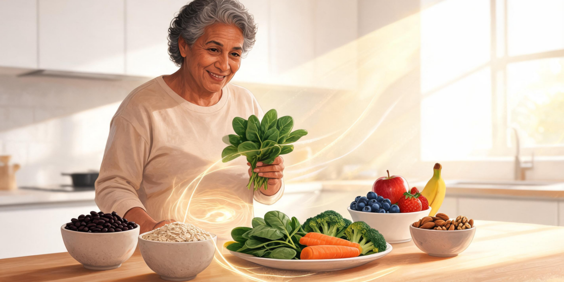 Una mujer mayor sonriente en una cocina luminosa sosteniendo un manojo de espinacas frescas ante una mesa con alimentos saludables como verduras, frutas, avena y frutos secos.