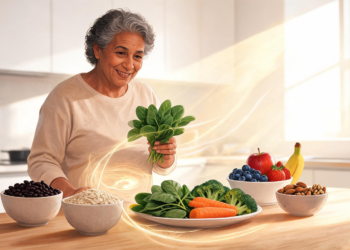 Una mujer mayor sonriente en una cocina luminosa sosteniendo un manojo de espinacas frescas ante una mesa con alimentos saludables como verduras, frutas, avena y frutos secos.