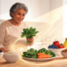 Una mujer mayor sonriente en una cocina luminosa sosteniendo un manojo de espinacas frescas ante una mesa con alimentos saludables como verduras, frutas, avena y frutos secos.