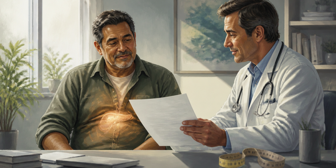 Un médico con bata blanca muestra unos análisis clínicos a un paciente maduro con camisa verde en un consultorio. En el torso del paciente se superpone una ilustración brillante de un hígado, y sobre el escritorio se observa una cinta métrica enrollada y documentos.