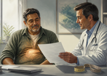 Un médico con bata blanca muestra unos análisis clínicos a un paciente maduro con camisa verde en un consultorio. En el torso del paciente se superpone una ilustración brillante de un hígado, y sobre el escritorio se observa una cinta métrica enrollada y documentos.