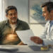 Un médico con bata blanca muestra unos análisis clínicos a un paciente maduro con camisa verde en un consultorio. En el torso del paciente se superpone una ilustración brillante de un hígado, y sobre el escritorio se observa una cinta métrica enrollada y documentos.