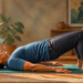 Hombre adulto realizando un puente de glúteos sobre una esterilla en casa, con las rodillas flexionadas, los pies apoyados y la pelvis elevada.
