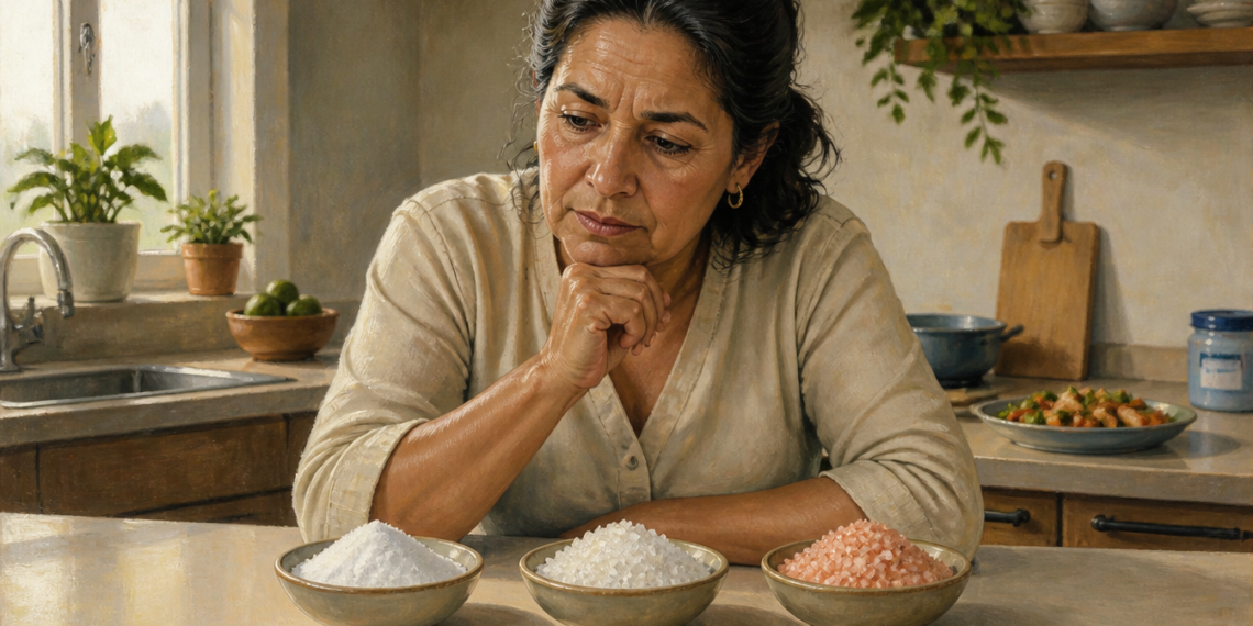 Mujer adulta observando tres cuencos con sal común, sal marina y sal rosada del Himalaya sobre una encimera de cocina, en una comparación visual de distintos tipos de sal.