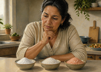 Mujer adulta observando tres cuencos con sal común, sal marina y sal rosada del Himalaya sobre una encimera de cocina, en una comparación visual de distintos tipos de sal.