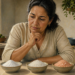 Mujer adulta observando tres cuencos con sal común, sal marina y sal rosada del Himalaya sobre una encimera de cocina, en una comparación visual de distintos tipos de sal.