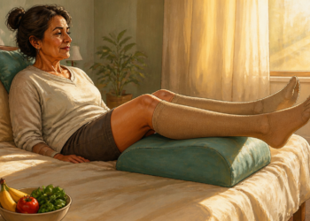 Mujer adulta recostada en la cama con las piernas elevadas sobre un cojín y medias de compresión, junto a un vaso de agua y un cuenco con frutas y verduras.