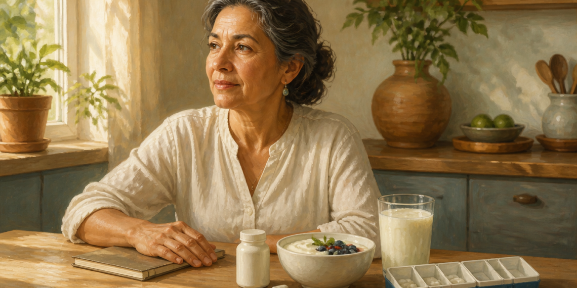 Mujer adulta sentada en una cocina junto a un cuenco de yogur con frutos rojos, un vaso de bebida láctea, un frasco blanco y un pastillero.