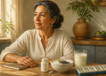 Mujer adulta sentada en una cocina junto a un cuenco de yogur con frutos rojos, un vaso de bebida láctea, un frasco blanco y un pastillero.