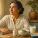 Mujer adulta sentada en una cocina junto a un cuenco de yogur con frutos rojos, un vaso de bebida láctea, un frasco blanco y un pastillero.