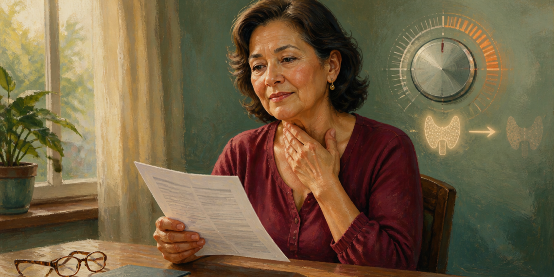 Mujer adulta revisando un informe médico mientras se toca el cuello, con un gráfico ilustrativo de la glándula tiroides al fondo, relacionado con los niveles de TSH y el funcionamiento de la tiroides.