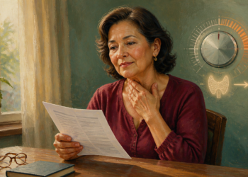 Mujer adulta revisando un informe médico mientras se toca el cuello, con un gráfico ilustrativo de la glándula tiroides al fondo, relacionado con los niveles de TSH y el funcionamiento de la tiroides.