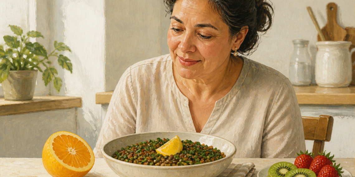 Mujer adulta observando un plato de lentejas acompañado de una rodaja de limón, con una naranja y otras frutas ricas en vitamina C sobre la mesa, en una escena relacionada con la absorción del hierro.
