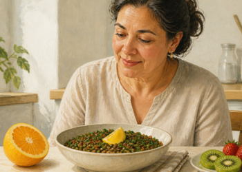 Mujer adulta observando un plato de lentejas acompañado de una rodaja de limón, con una naranja y otras frutas ricas en vitamina C sobre la mesa, en una escena relacionada con la absorción del hierro.