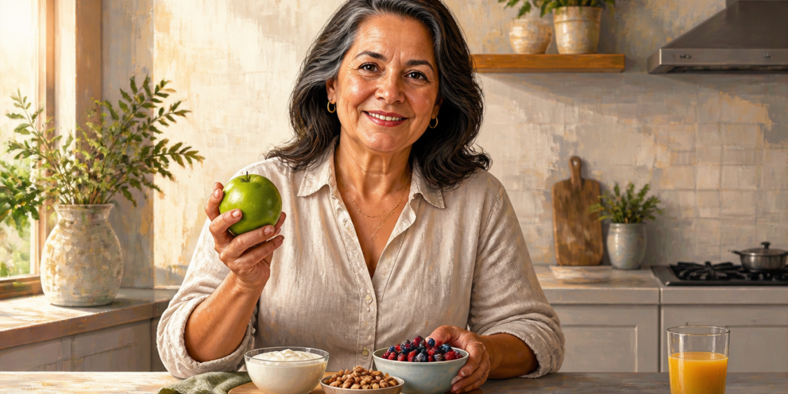 Una mujer madura y sonriente sostiene una manzana verde en su mano sentada ante una mesa en una cocina luminosa. Frente a ella se disponen cuencos con yogur, frutos secos y frutos rojos, además de un vaso con zumo de naranja.