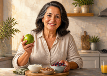 Una mujer madura y sonriente sostiene una manzana verde en su mano sentada ante una mesa en una cocina luminosa. Frente a ella se disponen cuencos con yogur, frutos secos y frutos rojos, además de un vaso con zumo de naranja.