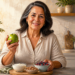 Una mujer madura y sonriente sostiene una manzana verde en su mano sentada ante una mesa en una cocina luminosa. Frente a ella se disponen cuencos con yogur, frutos secos y frutos rojos, además de un vaso con zumo de naranja.
