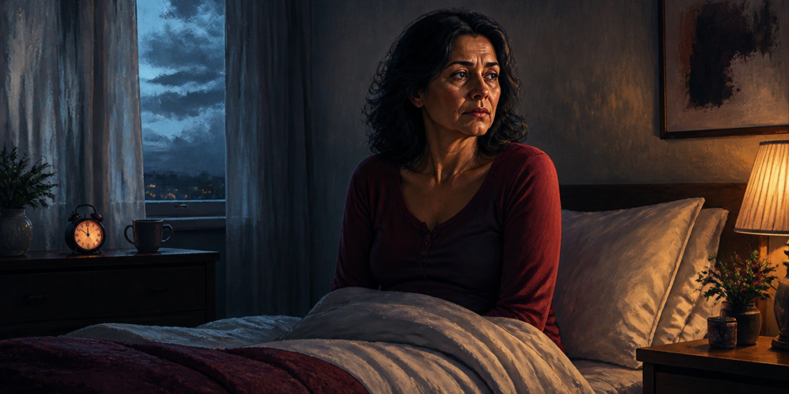 Mujer adulta sentada despierta en la cama durante la noche, con expresión de preocupación, junto a un reloj despertador y una lámpara encendida, en una escena relacionada con el cortisol alto y las alteraciones del descanso.
