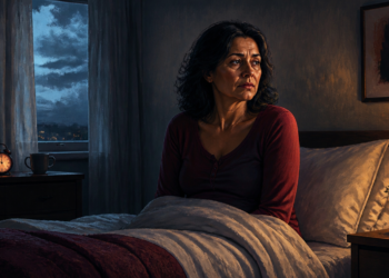 Mujer adulta sentada despierta en la cama durante la noche, con expresión de preocupación, junto a un reloj despertador y una lámpara encendida, en una escena relacionada con el cortisol alto y las alteraciones del descanso.