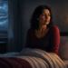 Mujer adulta sentada despierta en la cama durante la noche, con expresión de preocupación, junto a un reloj despertador y una lámpara encendida, en una escena relacionada con el cortisol alto y las alteraciones del descanso.