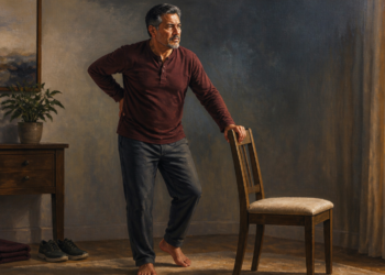 Hombre maduro de rasgos hispanos, con expresión de dolor, de pie mientras se sujeta la parte baja de la espalda con una mano y se apoya en una silla de madera.
