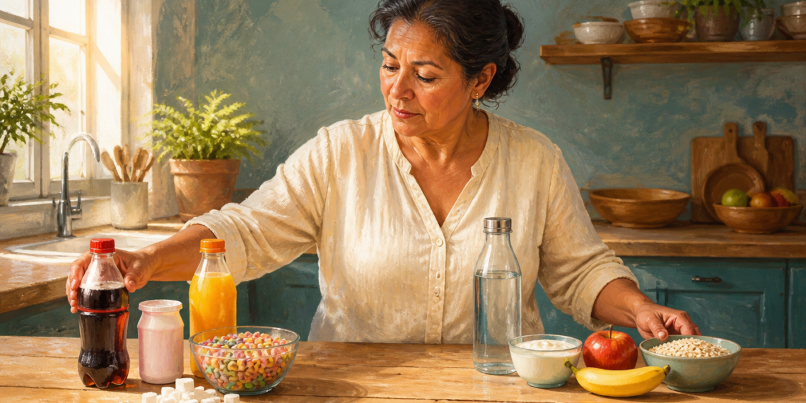Mujer adulta en una cocina comparando una botella de refresco, yogur, cereales azucarados y terrones de azúcar con agua, yogur natural, manzana, plátano y avena.