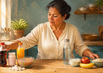 Mujer adulta en una cocina comparando una botella de refresco, yogur, cereales azucarados y terrones de azúcar con agua, yogur natural, manzana, plátano y avena.