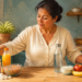 Mujer adulta en una cocina comparando una botella de refresco, yogur, cereales azucarados y terrones de azúcar con agua, yogur natural, manzana, plátano y avena.