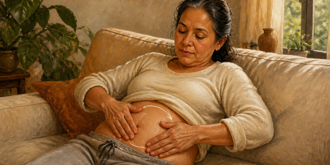 Una mujer madura recostada en un sofá realiza un automasaje en su abdomen descubierto, siguiendo la dirección de unas flechas blancas ilustrativas dibujadas sobre su vientre.