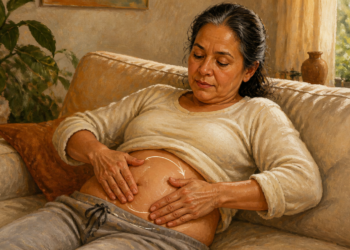Una mujer madura recostada en un sofá realiza un automasaje en su abdomen descubierto, siguiendo la dirección de unas flechas blancas ilustrativas dibujadas sobre su vientre.