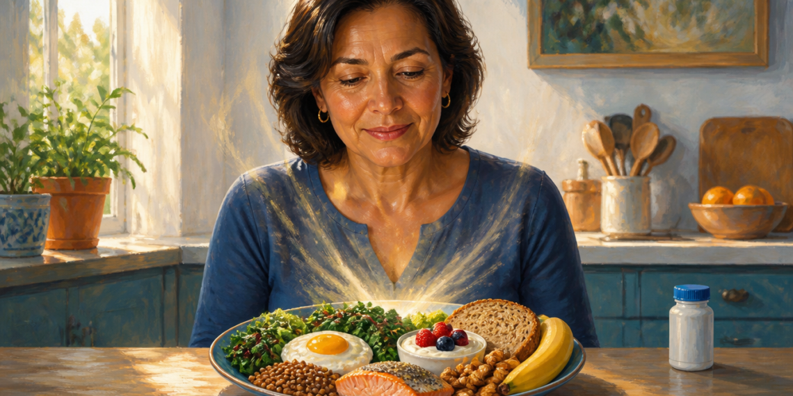 Mujer adulta observando un plato con salmón, huevo, lentejas, verduras de hoja verde, yogur, pan integral, frutos secos y plátano, alimentos que aportan distintas vitaminas del grupo B.