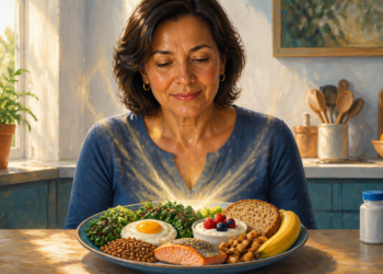 Mujer adulta observando un plato con salmón, huevo, lentejas, verduras de hoja verde, yogur, pan integral, frutos secos y plátano, alimentos que aportan distintas vitaminas del grupo B.