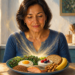 Mujer adulta observando un plato con salmón, huevo, lentejas, verduras de hoja verde, yogur, pan integral, frutos secos y plátano, alimentos que aportan distintas vitaminas del grupo B.