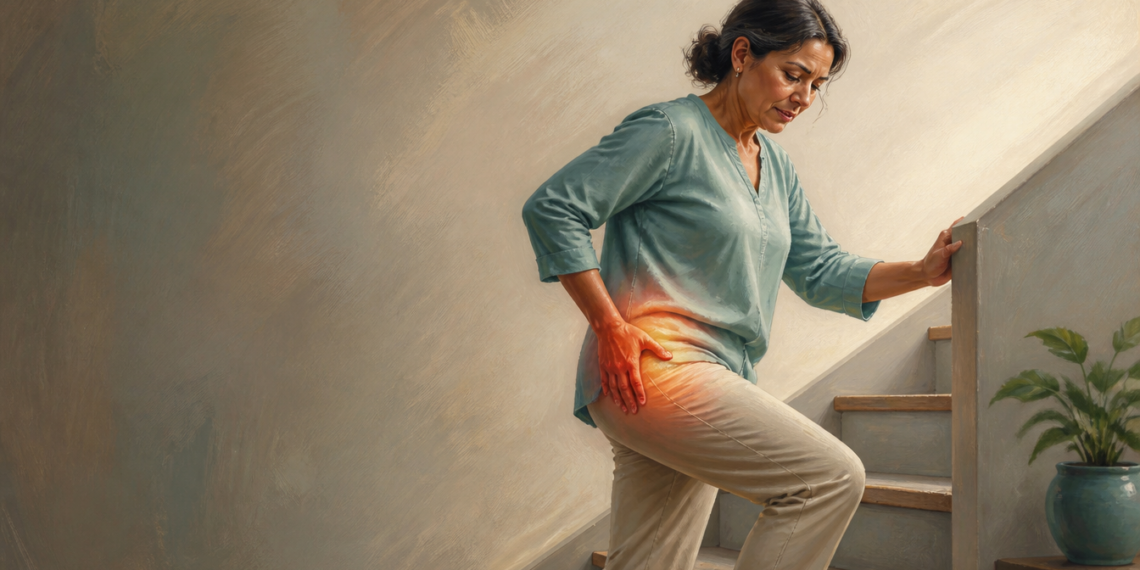 Mujer adulta subiendo unas escaleras mientras se lleva una mano a la cadera con gesto de dolor, destacando la zona de la articulación relacionada con el dolor de cadera al caminar o subir escaleras.