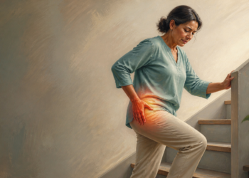 Mujer adulta subiendo unas escaleras mientras se lleva una mano a la cadera con gesto de dolor, destacando la zona de la articulación relacionada con el dolor de cadera al caminar o subir escaleras.