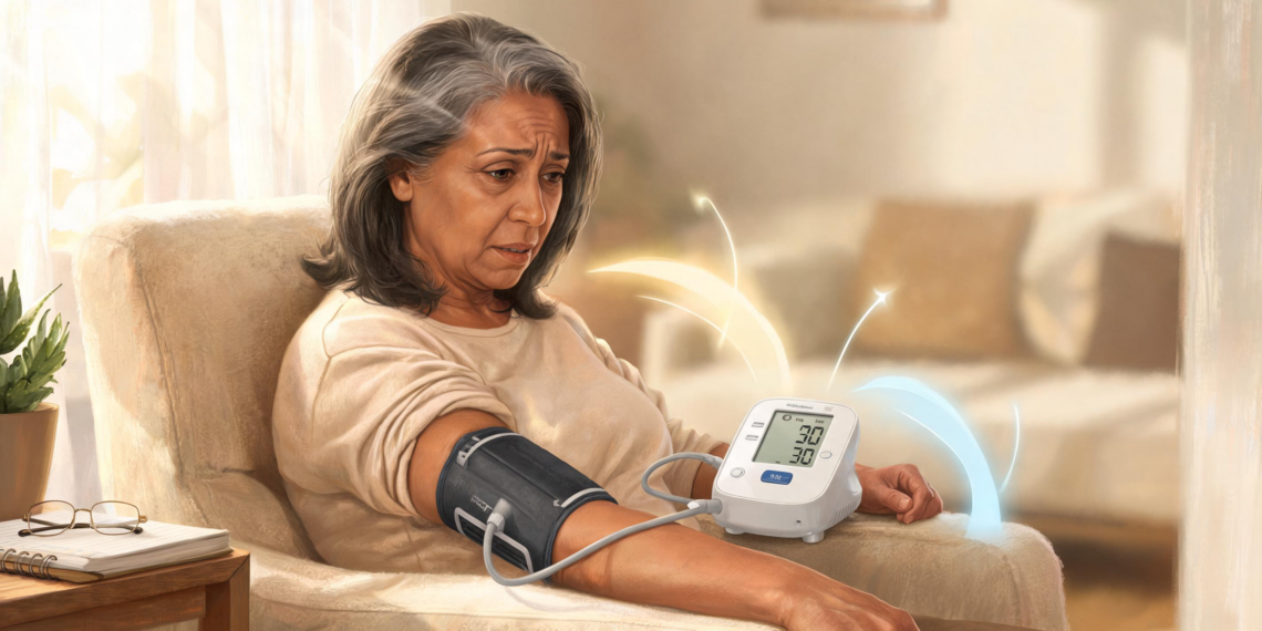 Una mujer mayor con expresión de preocupación sentada en un sillón beige mientras mide su presión arterial con un tensiómetro digital de brazo.