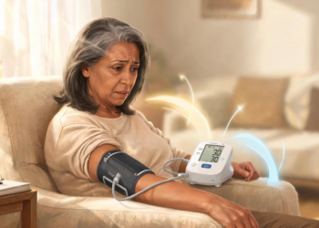 Una mujer mayor con expresión de preocupación sentada en un sillón beige mientras mide su presión arterial con un tensiómetro digital de brazo.