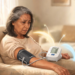 Una mujer mayor con expresión de preocupación sentada en un sillón beige mientras mide su presión arterial con un tensiómetro digital de brazo.