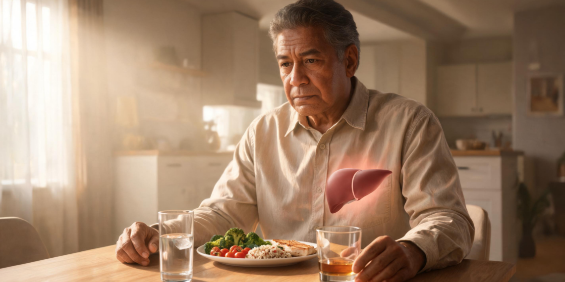 Un hombre mayor con expresión reflexiva sentado a la mesa frente a un plato de comida, un vaso de agua y un vaso con una bebida alcohólica, con una ilustración gráfica brillante de un hígado superpuesta sobre su torso.
