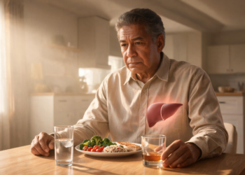 Un hombre mayor con expresión reflexiva sentado a la mesa frente a un plato de comida, un vaso de agua y un vaso con una bebida alcohólica, con una ilustración gráfica brillante de un hígado superpuesta sobre su torso.
