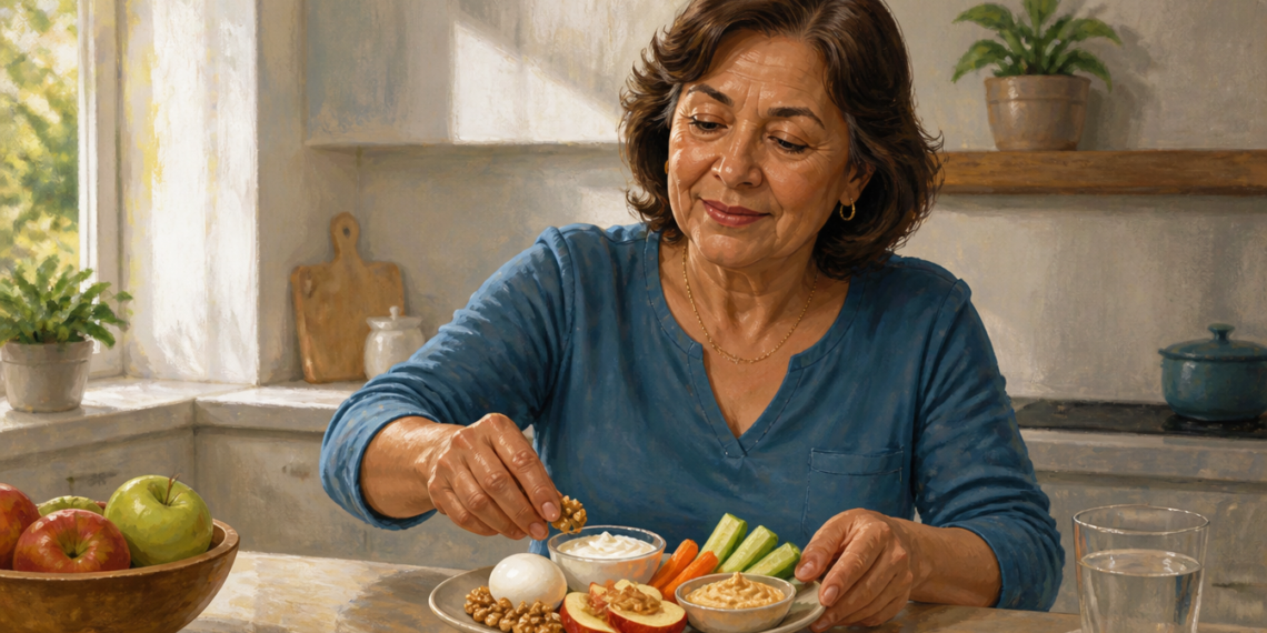 Una mujer madura sonríe mientras toma una nuez de un plato con tentempiés saludables que incluye un huevo cocido, bastones de apio y zanahoria, hummus, yogur y manzana con crema de cacahuete, sentada en una cocina luminosa.