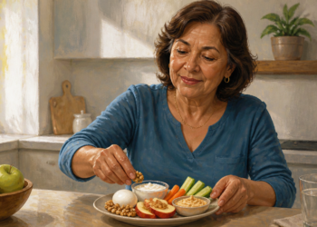 Una mujer madura sonríe mientras toma una nuez de un plato con tentempiés saludables que incluye un huevo cocido, bastones de apio y zanahoria, hummus, yogur y manzana con crema de cacahuete, sentada en una cocina luminosa.