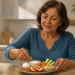 Una mujer madura sonríe mientras toma una nuez de un plato con tentempiés saludables que incluye un huevo cocido, bastones de apio y zanahoria, hummus, yogur y manzana con crema de cacahuete, sentada en una cocina luminosa.