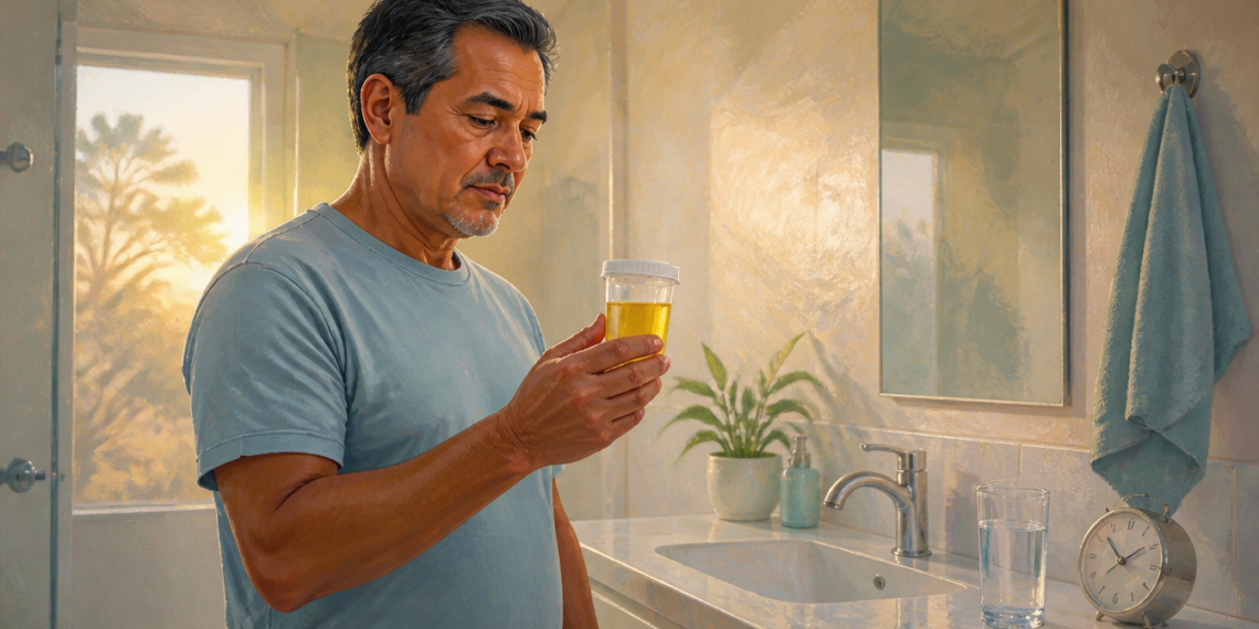 Hombre adulto observa un recipiente transparente con orina amarilla en un baño, junto a un vaso de agua y un reloj sobre el lavabo.