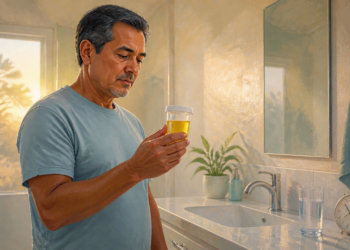 Hombre adulto observa un recipiente transparente con orina amarilla en un baño, junto a un vaso de agua y un reloj sobre el lavabo.