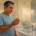Hombre adulto observa un recipiente transparente con orina amarilla en un baño, junto a un vaso de agua y un reloj sobre el lavabo.