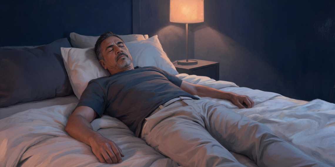 Un hombre adulto con los ojos cerrados acostado boca arriba en una cama, buscando conciliar el sueño en un dormitorio con iluminación tenue.